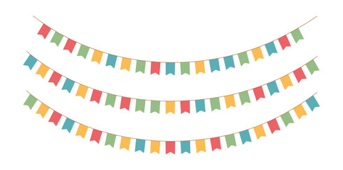 Fototapeta premium Colorful bunting flags in red, green, yellow, and blue arranged in three rows, creating a festive and celebratory atmosphere