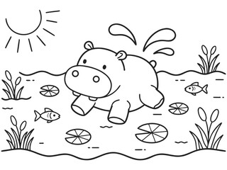 Hippo splashing in water with fish and lily pads line art skateboard coloring page © VectorMSbd 