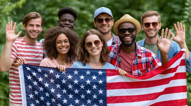 Diverse group of young adults smiling and holding the American flag outdoors