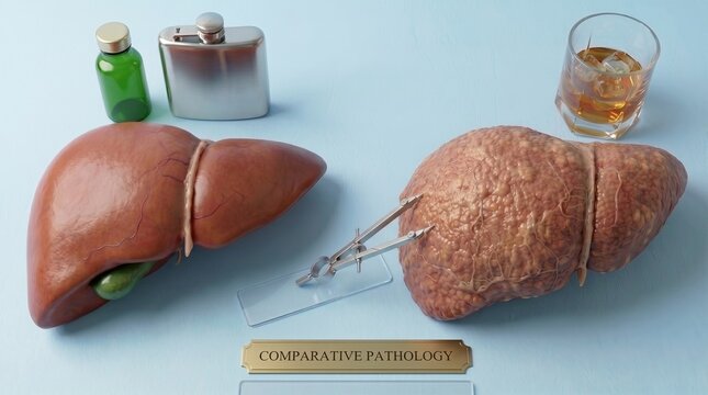 Comparison of a healthy liver and a fatty diseased liver model on blue background, hepatology research, metabolic health awareness