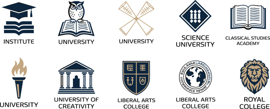 University logo emblem set with heraldic shield owl torch lion head and graduation cap for academy education vector illustration