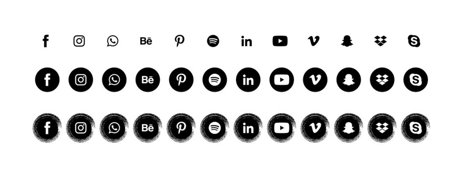 Set of minimalist social media network symbols including flat black circular icons and textured brush style elements for modern web design UI layouts and professional digital branding interface use.