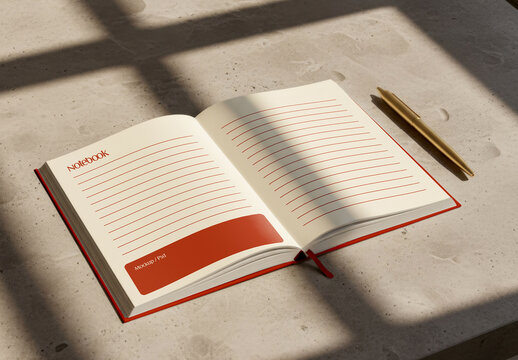 Open Notebook Mockup on Concrete Surface