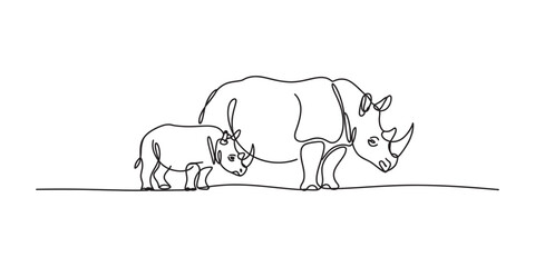 Continuous single line drawing of a mother rhino and her baby calf walking together as a minimalist artistic illustration of wild animals in nature Vector, illustration © New Outline
