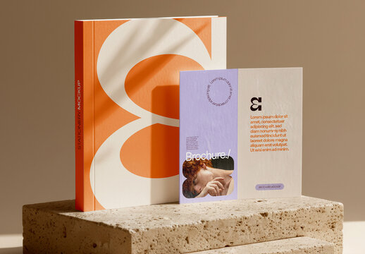 Notebook and Brochure Mockup on Stone Surface