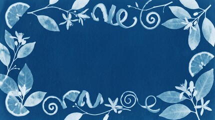 Fototapeta premium Blue cyanotype style citrus frame design with artistic fruit slices curls and leaves around a central copyspace background citrus border lemon frame creative