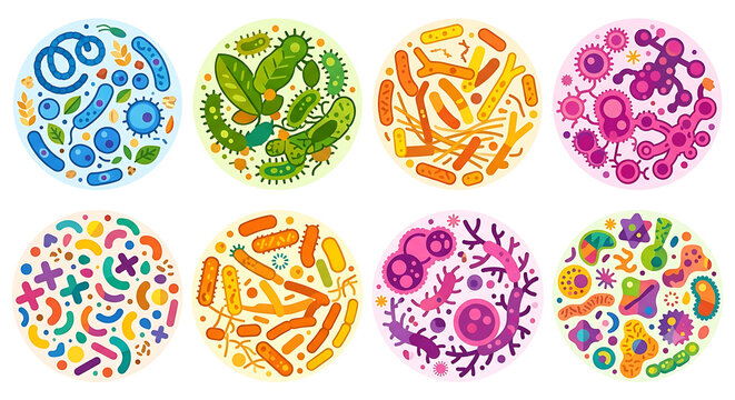 Diverse Gut Microbiome Vector Set &ndash; Colorful Petri Dish Bacteria and Microorganism Concept