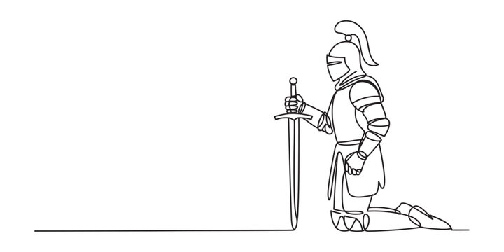 Continuous single line drawing of a medieval knight in shining armor kneeling on the ground while holding a long sharp sword in a solemn and brave pose Vector, illustration