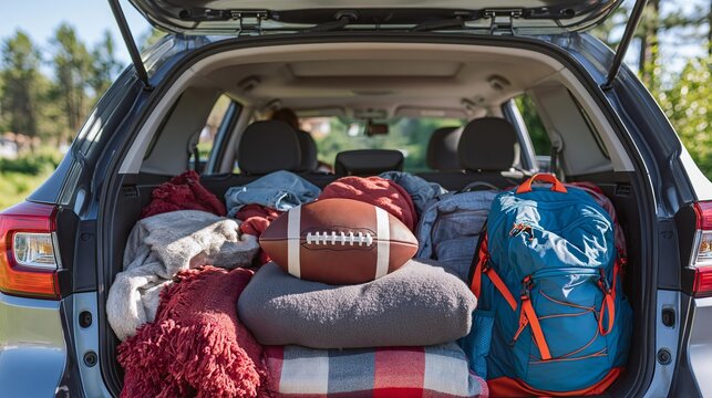 Packing a car for a trip with blankets, a backpack, and a football