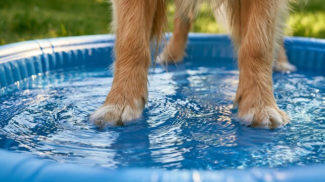 Golden retriever dog paws splashing in a blue inflatable pool on a sunny day