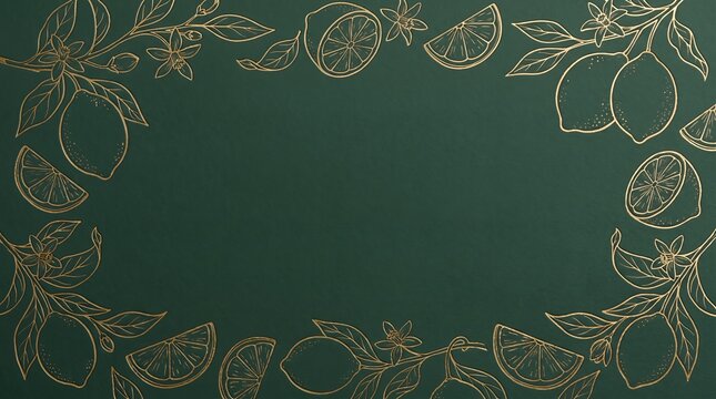 Gold outline of citrus fruits and leaves with copy space citrus border copyspace background citrus zest design element flat lay dark green lemon frame