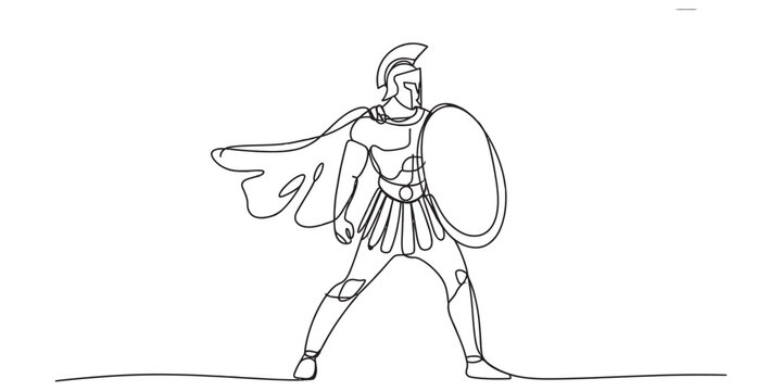 Continuous single line drawing of a brave spartan warrior standing in a defensive pose holding a large round shield and wearing a helmet with a flowing cape Vector, illustration