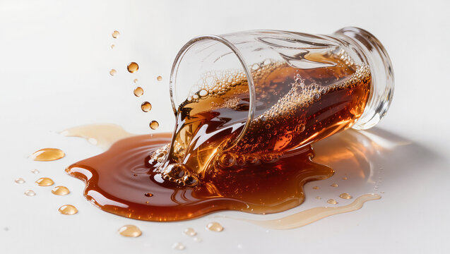 Spilled cola drink from overturned glass on a white surface with splashes and bubbles