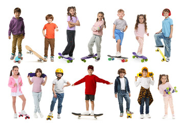 Fototapeta premium Children with skateboards, sports class for kids. Collection of portraits on white background