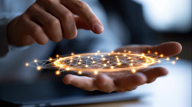 A close up of a European hand touches softly a glowing smart contract blockchain network in a moody office smart contract faceless detail
