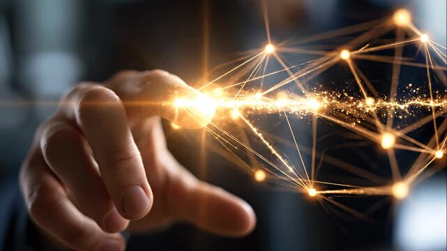 A close up of a European hand touches softly a glowing smart contract blockchain network in a moody office smart contract faceless detai 4