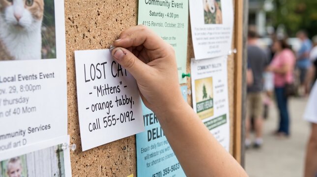 A hand pins a lost cat flyer to a cork bulletin board. The scene represents hope and community effort in finding a missing pet. Perfect for pet care, local news, and community topics.