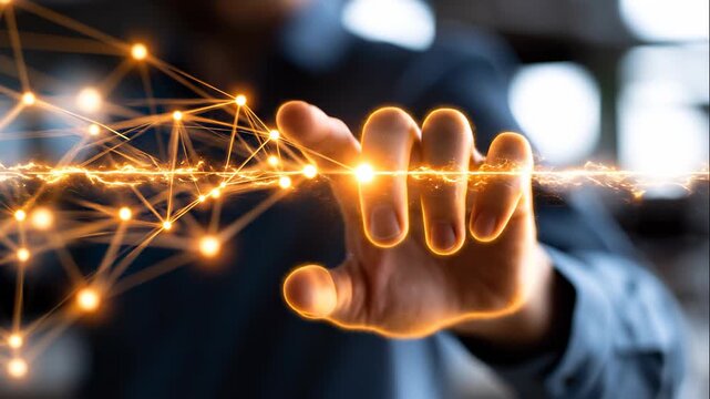 A close up of a European hand touches softly a glowing supply chain logistics network in a moody office supply chain faceless detail so 2