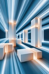 Fototapeta premium Futuristic abstract digital city of glowing blocks and light beams suggesting data networks and speed