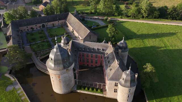 Aerial view of Chateau de Veves medieval castle in Belgium Ardennes