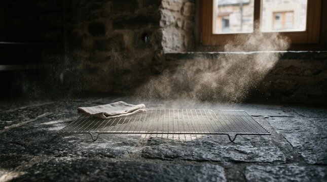 Dust motes dance in a sunbeam illuminating an old stone floor.