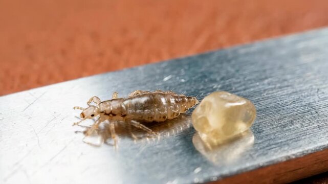 Macro shot of a human louse and a nit on a metallic surface. Pediculosis parasite and egg close-up