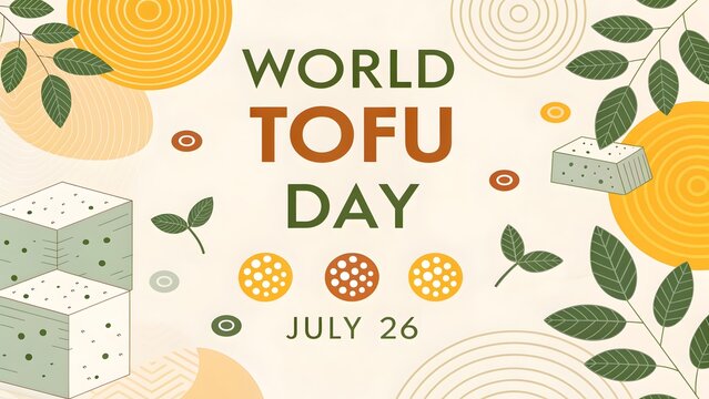 World tofu day celebration poster design with geometric shapes and plant illustrations featuring soy bean curd blocks on a light cream colored background