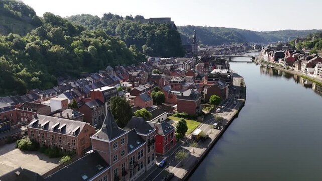 Belgian Ardennes Dinant aerial view over Meuse River