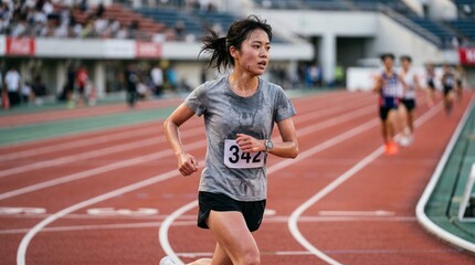 Obraz premium Asian female athlete sweats during a competitive track and field race at a stadium High intensity athletic performance