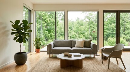 Fototapeta premium Modern Minimalist Living Room with Large Windows and Forest View