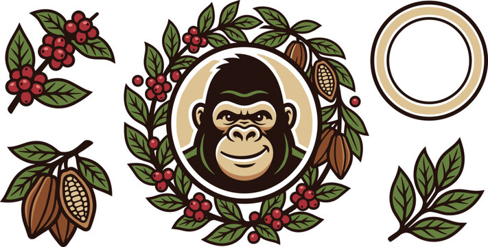 Gorilla Coffee and Cocoa Mascot Logo Design Set with Wreath Frame Berries Cacao Pods Leaves and Circular Badges for Cafe Branding Vectors