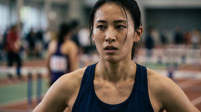 Asian female athlete determined during indoor track and field competition High intensity athletic performance