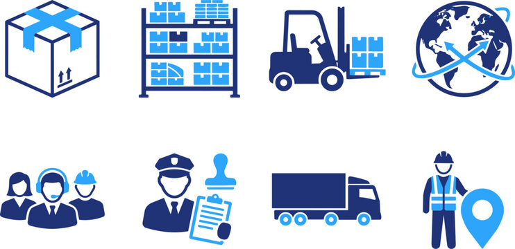 Logistics and supply chain management icons set including delivery box, warehouse storage, forklift, global shipping, customer support, customs inspection, cargo truck and location tracking