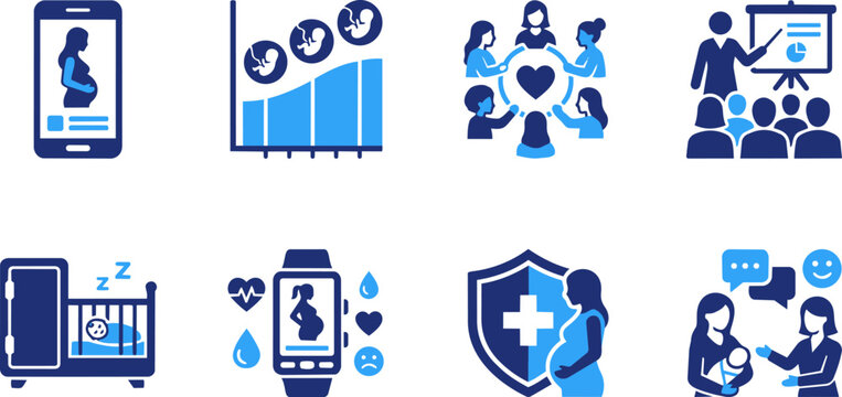 Set of pregnancy and motherhood icons including mobile app, fetal development chart, support group, presentation, baby sleeping, health tracking watch, insurance, and consultation