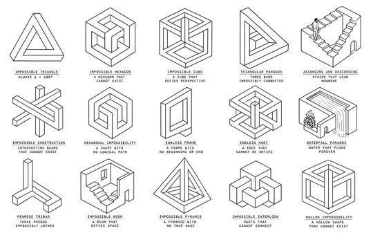 Impossible shapes collection, 15 optical illusion geometric icons, black and white paradox diagrams, mathematical perspective art set isolated on White Background ai