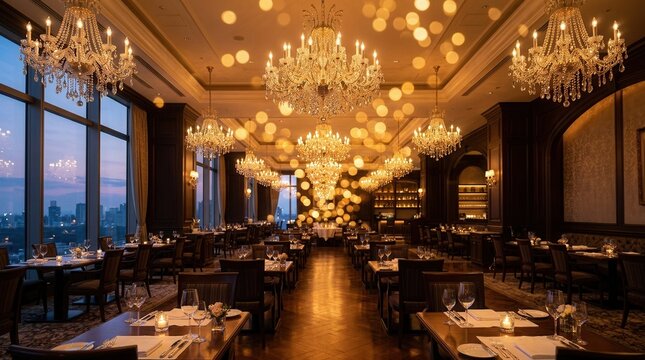 Elegant Restaurant Interior with Grand Chandeliers and City View.