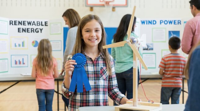 Girl holds award ribbon by wind turbine model. Proud student at science fair showcasing renewable energy. Ideal for education and environment themes.