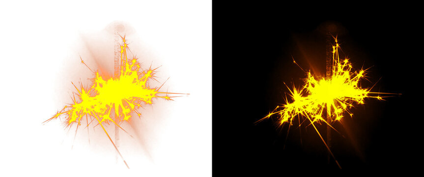 Fiery explosion effect on black and white backgrounds, bright yellow fire burst with sparks, cinematic muzzle flash and energy blast for visual effects