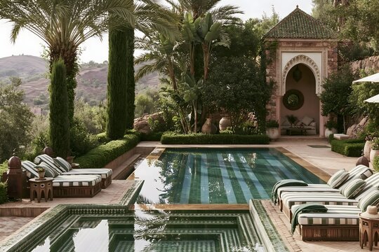 Luxury Moroccan resort swimming pool with emerald green tiles, stone pillars and comfortable sun loungers.  Elegant riad courtyard pool with large white sectional sofas