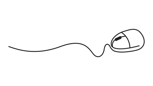 Minimalist single line drawing of a computer mouse illustrated with smooth black strokes isolated on a white on transparent background