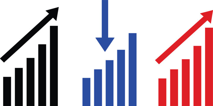 Vector illustration of upward and downward bar charts with arrows representing business growth decline and progress concept