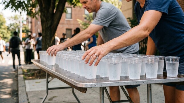 Adult volunteers arrange water cups on a shaded street table during a hot day. The scene represents urban heat resilience, public health support, and community care.