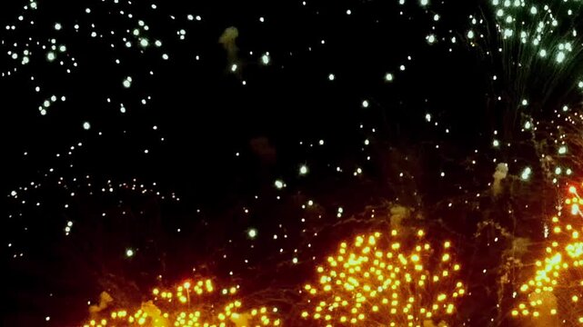 Glimmering lights explode outwards and fall gently downwards. Vivid hues of gold, green, and red illuminate the darkness in celebration.