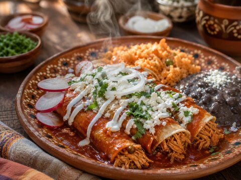 Enchiladas Rojas mit zartem H&auml;hnchen, roter Chilisauce, K&auml;se, Zwiebeln und Sauerrahm, serviert mit Reis, schwarzen Bohnen und Radieschen als mexikanische Hauptspeise.