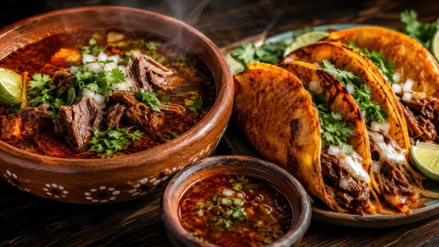 Mexikanische Birria de Res mit zart geschmortem Rindfleisch, w&uuml;rzigem Consom&eacute; und knusprigen Tacos, angerichtet mit Koriander, Zwiebeln und Limette als deftige Hauptspeise.
