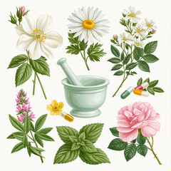 Naklejka premium Botanical elements and pharmacy tools like a mortar and pestle, showing natural supplement capsules, flowers, and herbs