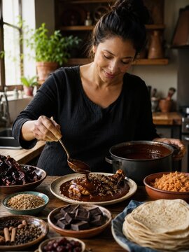 K&ouml;chin richtet Mole Poblano mit H&auml;hnchenkeule an und &uuml;berzieht das Fleisch mit dunkler Chili-Schokoladen-Sauce, Sesam und Gew&uuml;rzen &ndash; traditionelle mexikanische Hauptspeise.
