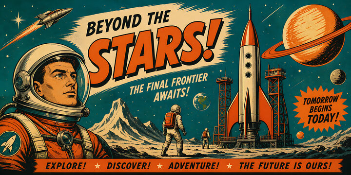 Vintage space exploration poster with astronaut and rocket ship, retro sci-fi comic art style, mid-century futuristic space travel illustration isolated on White Background ai