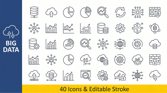 Big Data and Cloud Computing Thin Line Art Icon Set with Database Server, Analytics Chart, Information Security Firewall, and Network Infrastructure Outline Vector Illustration