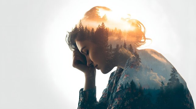 double exposure of a serene woman profile with a lush pine forest sunset. The conceptual image features of sunlight filtering through the trees, mindfulness, deep connection to nature, artistic